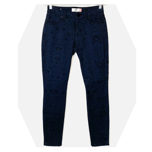 Cabi Paisley Print Mid Rise Navy Blue Curvy Skinny Jeans Size 0 Waist 24 Inches - Picture 1 of 6
